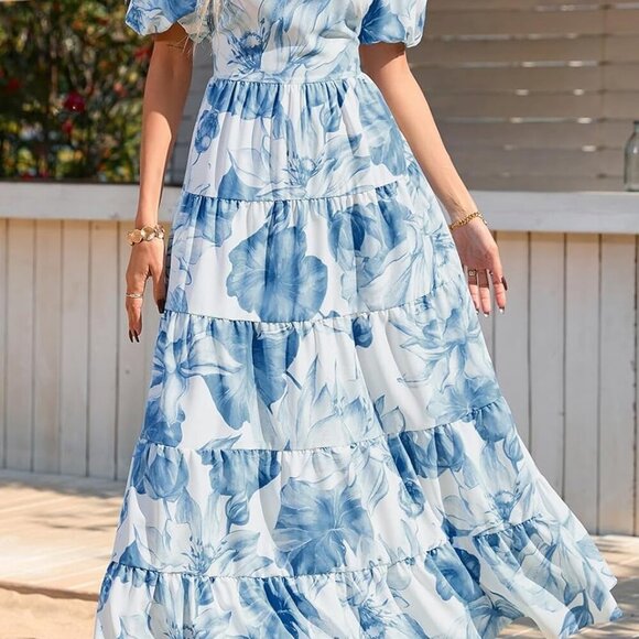 Short Sleeve Floral Maxi Dresses for Women 2025 Wedding Guest Summer Dress Flowy - Picture 4 of 7